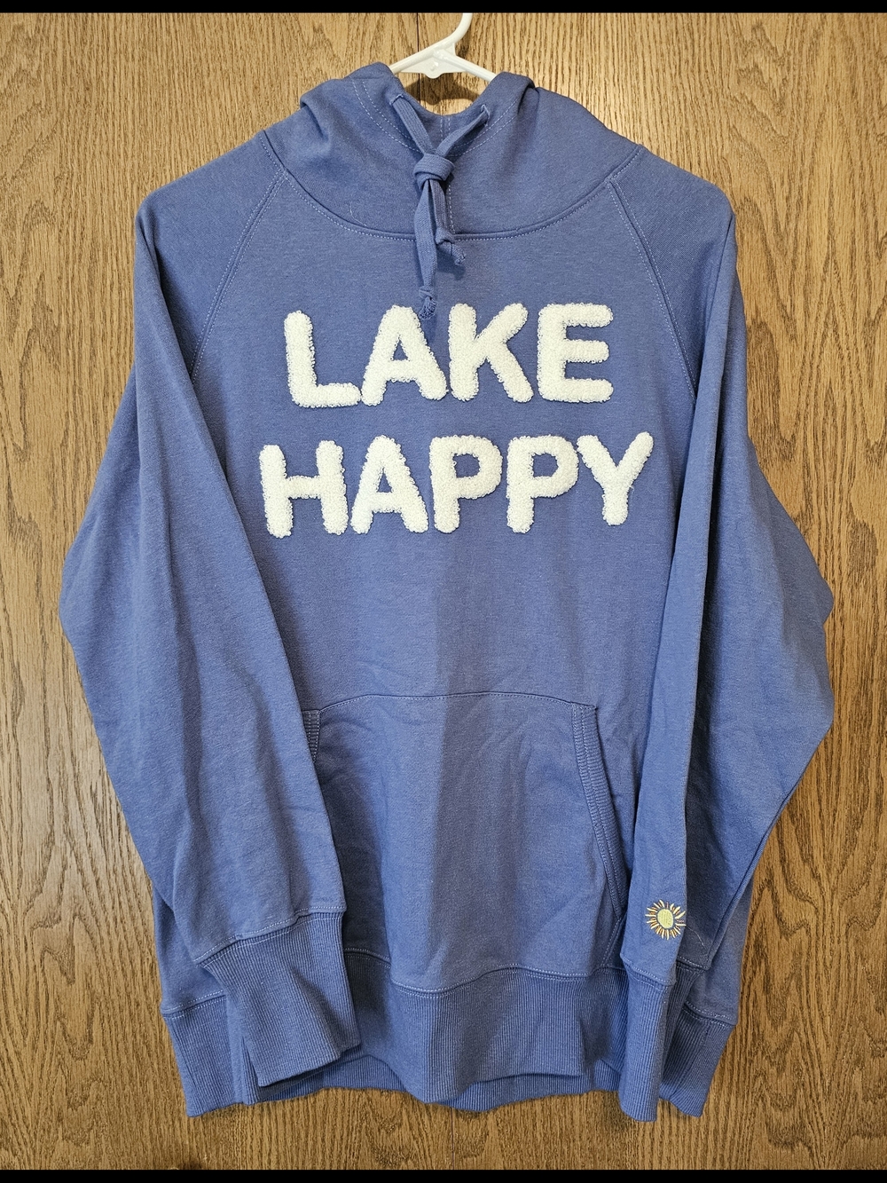 “Lake Happy” Lavender Hoodie w/ Sherpa Lettering | Cozy Graphic Pullover Sweatsh
